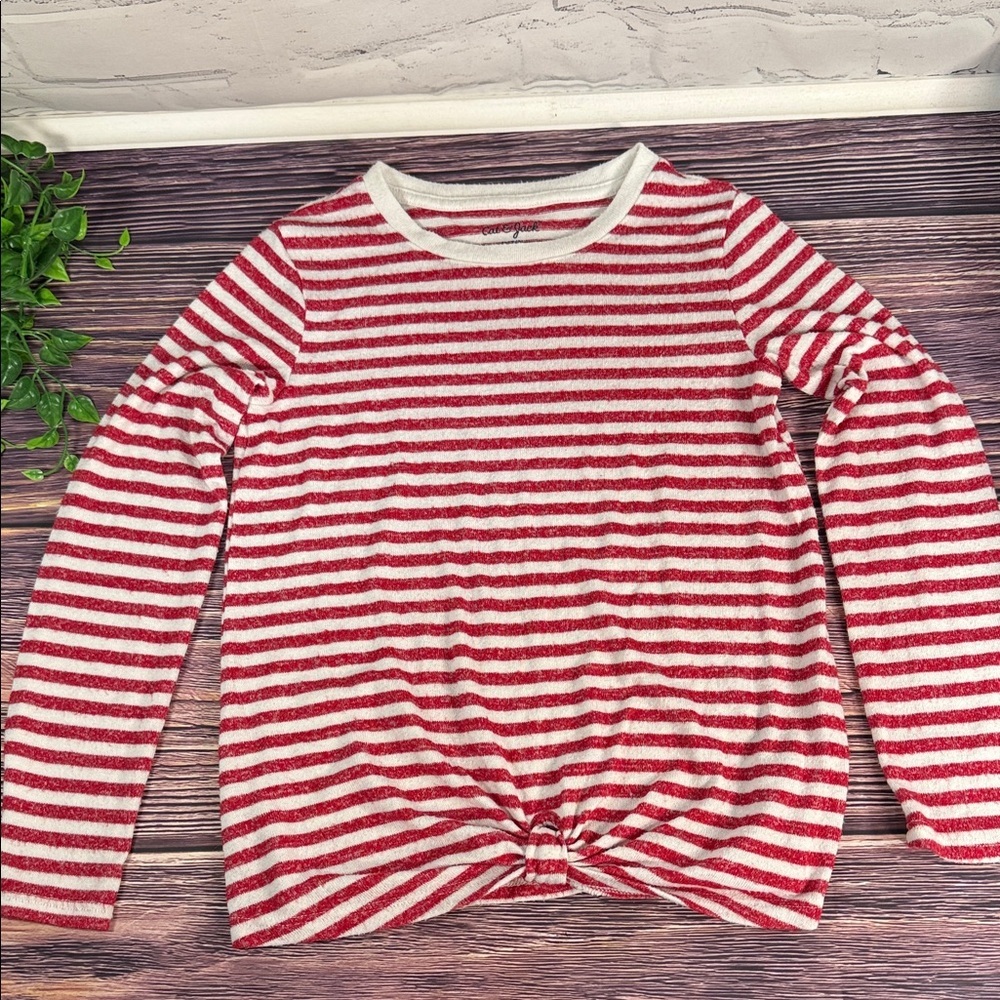 Cat & Jack Red and White Striped Long Sleeve Shirt with front twist